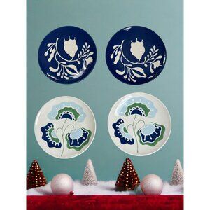 Set of 4 Hand-Painted Melanie McEvoy Ceramic Plates with Floral Designs in Blue